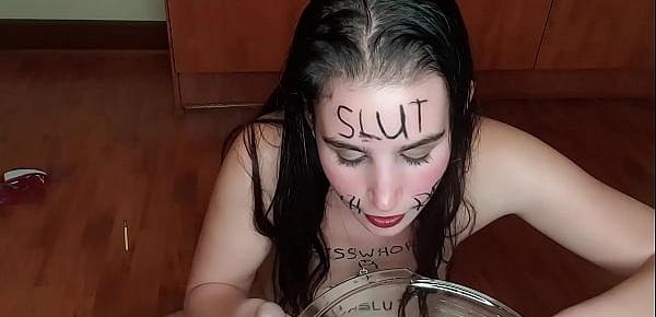  Self degrading slut eats piss covered fruits | body writing